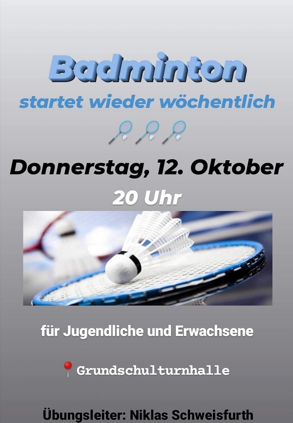 Badminton für Erwachsene startet ab 12. Oktober 2023 wieder