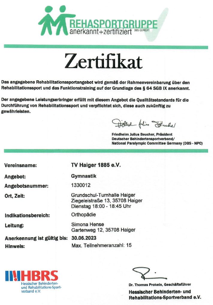 Zertifikat Simona Hense Rehasport Orthopädie
