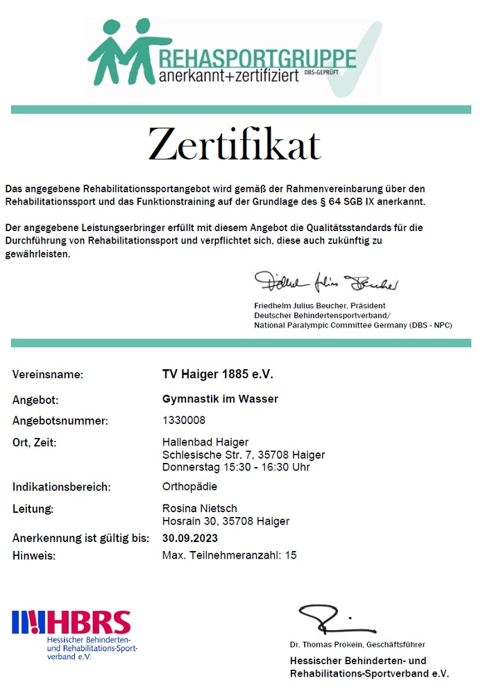 Zertifikat von Rosina Nietsch für die Wassergymnastik